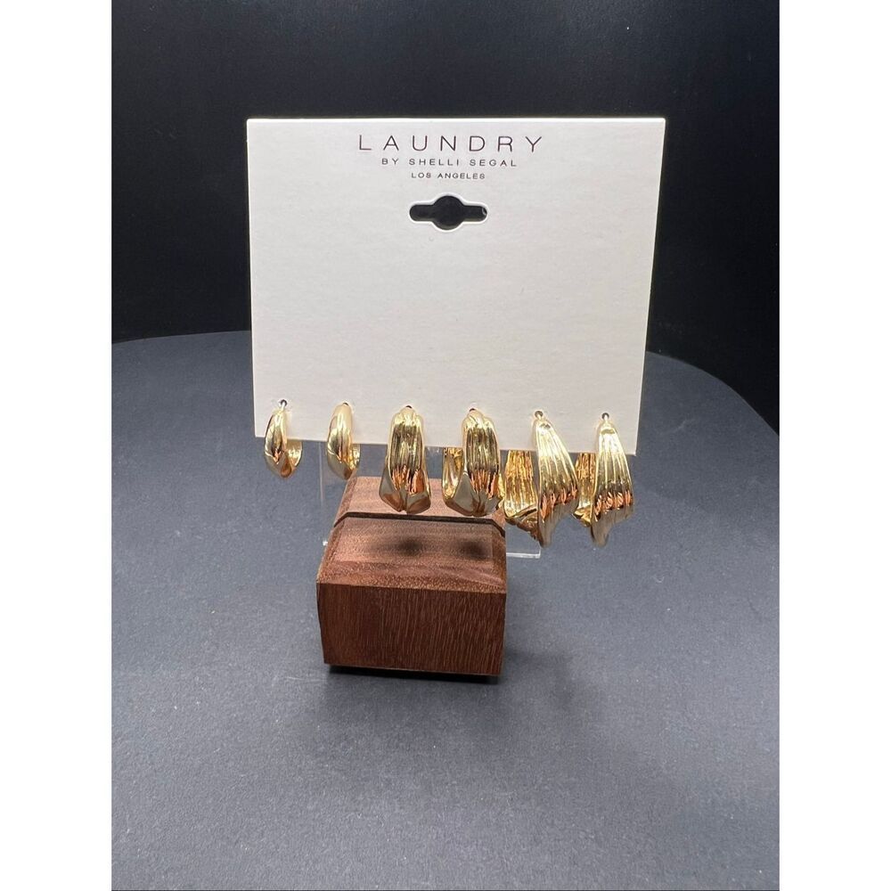 Laundry by Shelli Segal Gold Tone Wide Chunky Hoops 3 Pair Earring Set